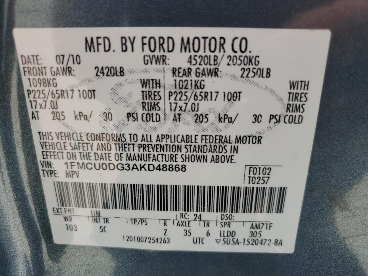 2010 Ford Escape Xlt VIN: 1FMCU0DG3AKD48868 Lot: 65415894