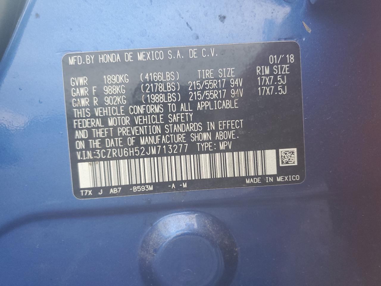 2018 Honda Hr-V Ex VIN: 3CZRU6H52JM713277 Lot: 63978694