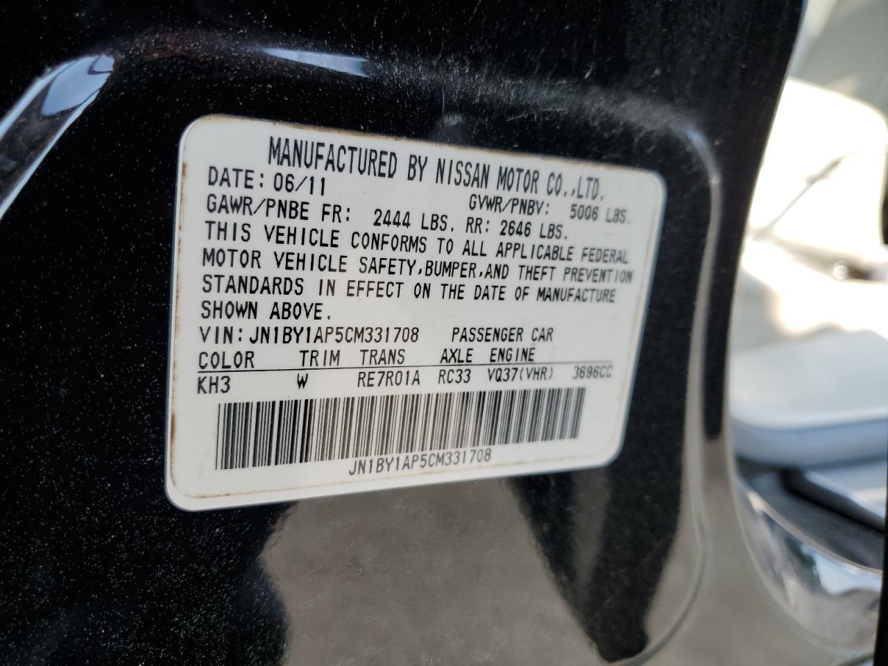 2012 Infiniti M37 VIN: JN1BY1AP5CM331708 Lot: 57273124