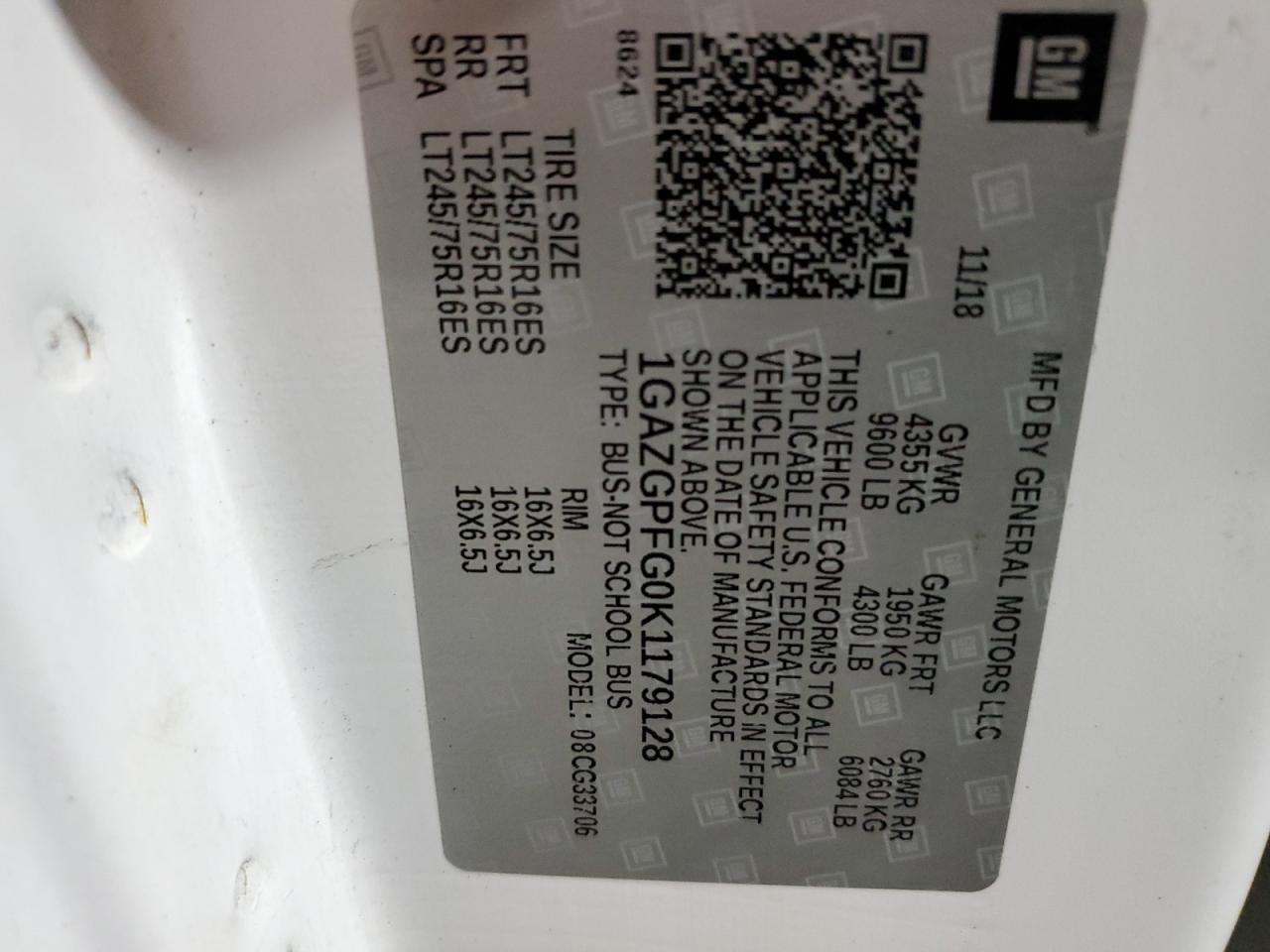 2019 Chevrolet Express G3500 Lt VIN: 1GAZGPFG0K1179128 Lot: 64675864