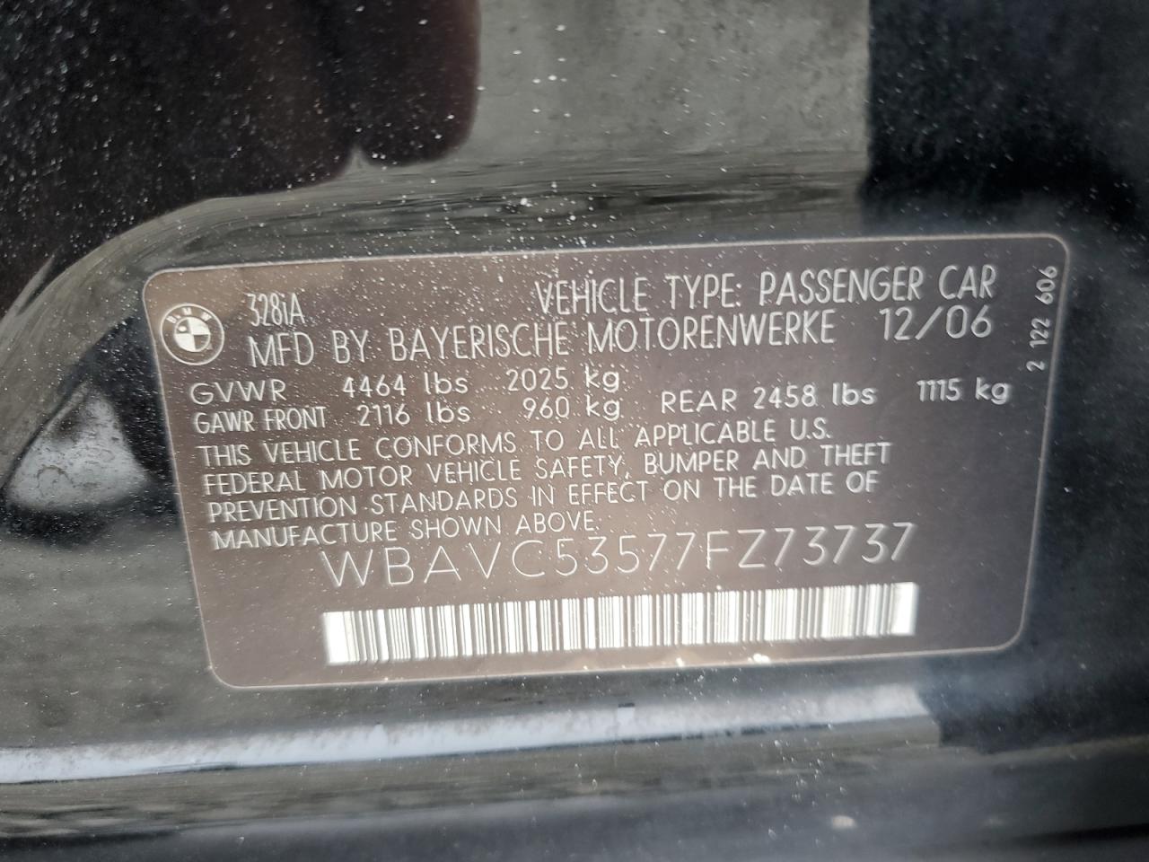 2007 BMW 328 I Sulev VIN: WBAVC53577FZ73737 Lot: 64138574