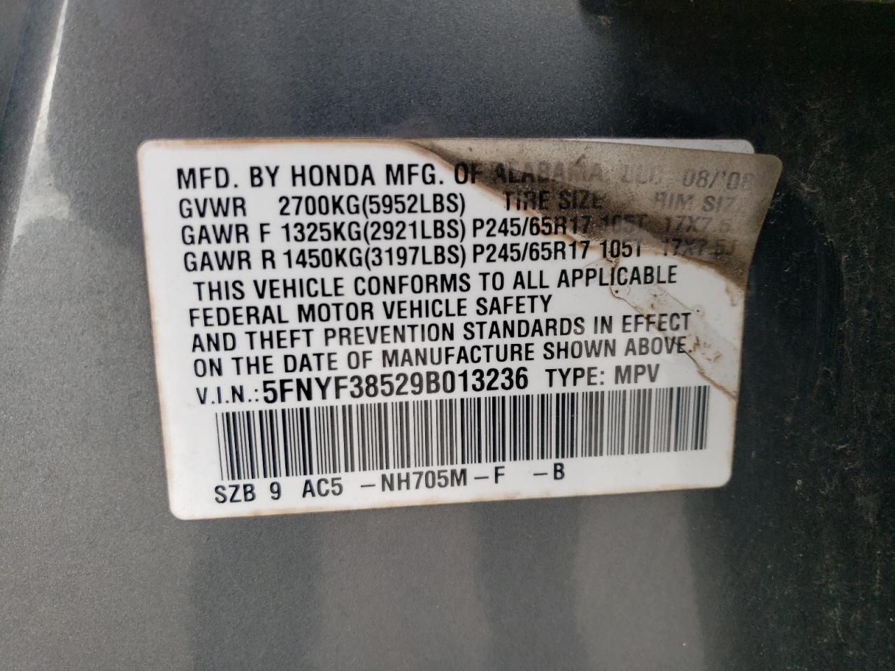 2009 Honda Pilot Exl VIN: 5FNYF38529B013236 Lot: 63352704