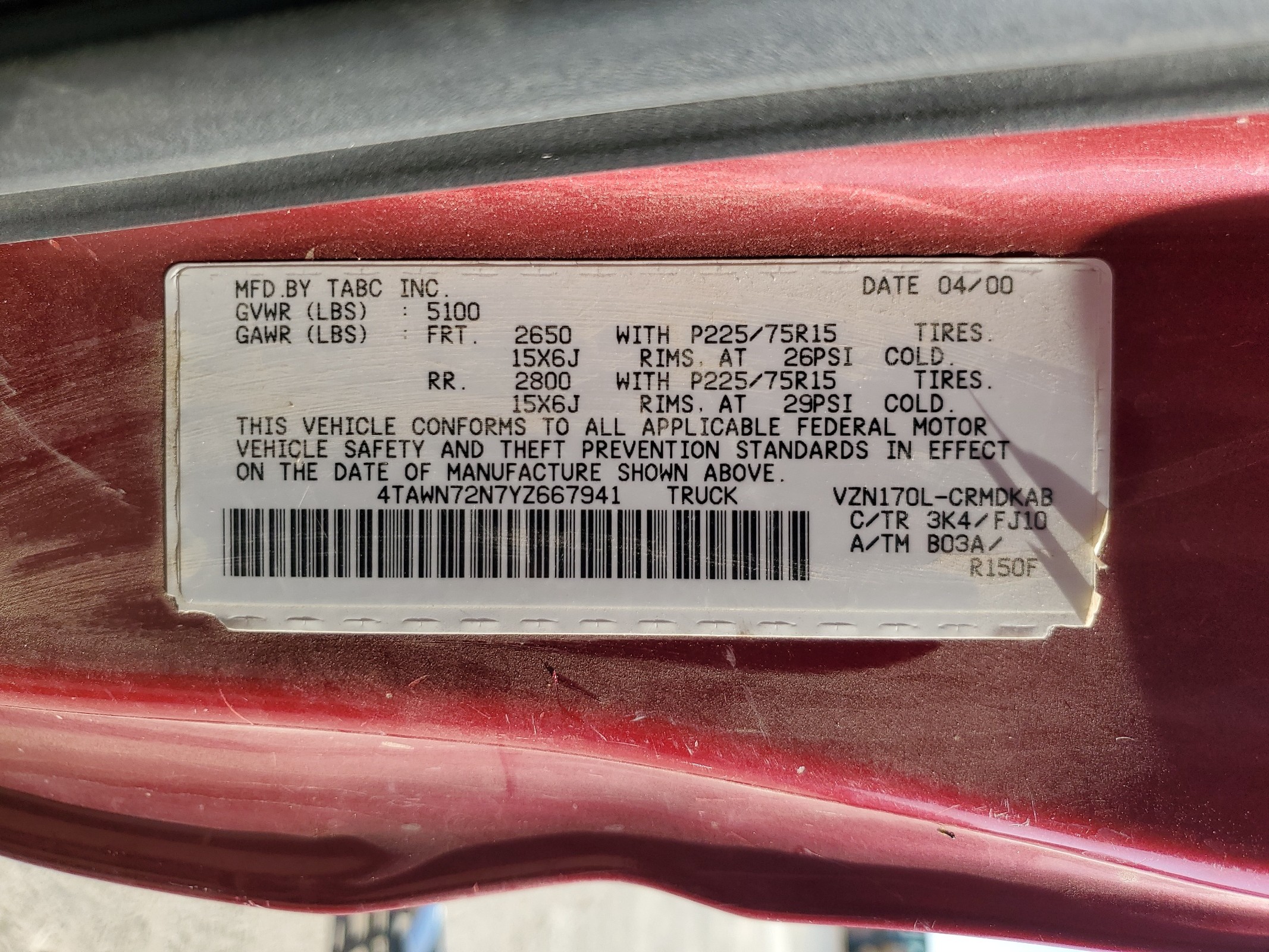 4TAWN72N7YZ667941 2000 Toyota Tacoma Xtracab