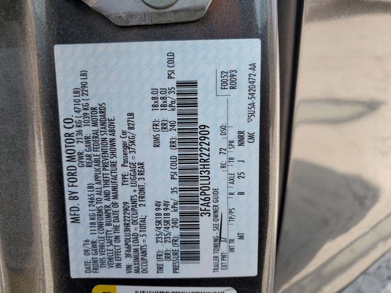 2017 Ford Fusion Se Hybrid VIN: 3FA6P0LU3HR222909 Lot: 62276934