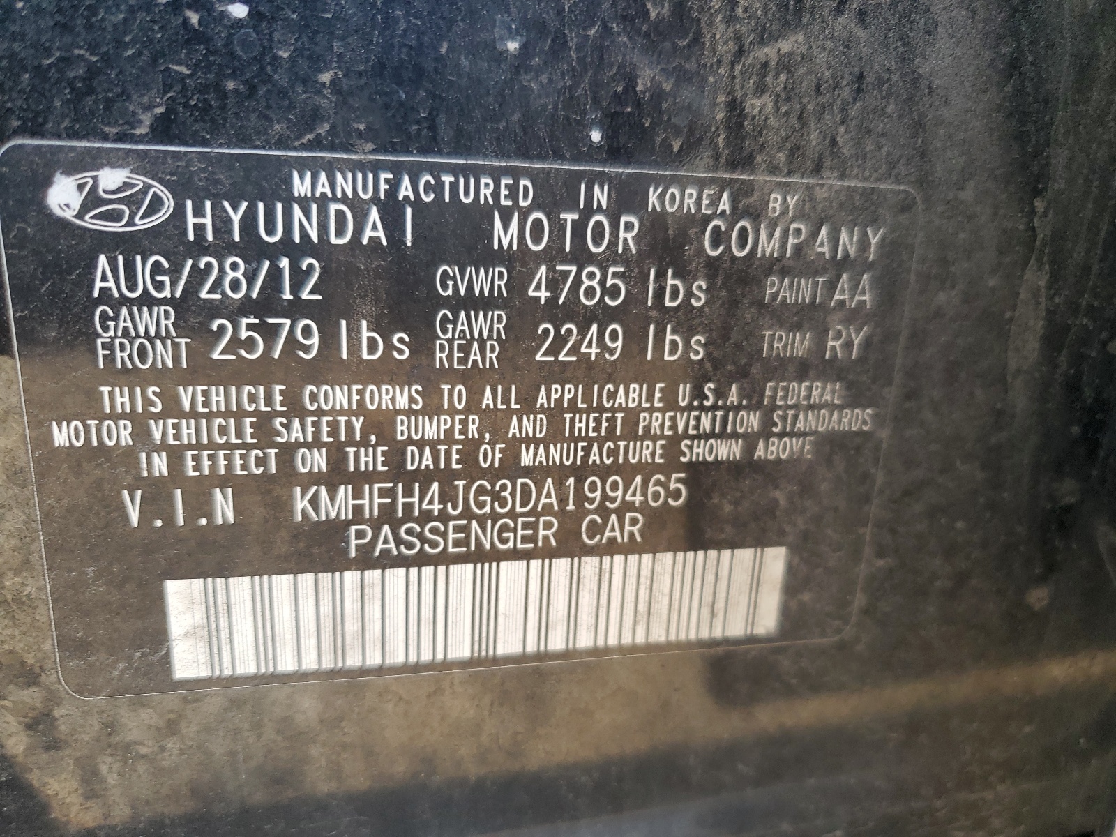 KMHFH4JG3DA199465 2013 Hyundai Azera Gls