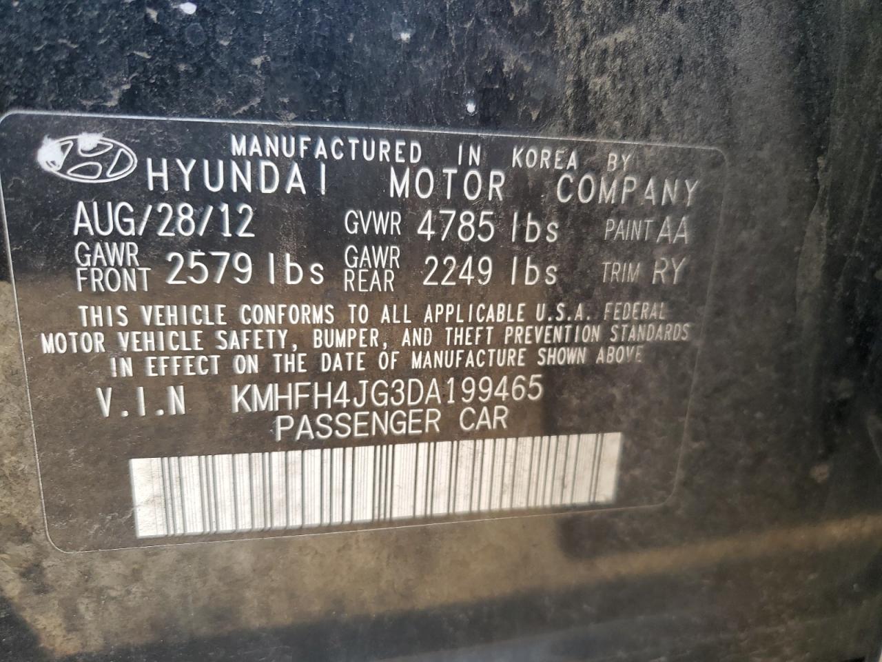 2013 Hyundai Azera Gls VIN: KMHFH4JG3DA199465 Lot: 62703344