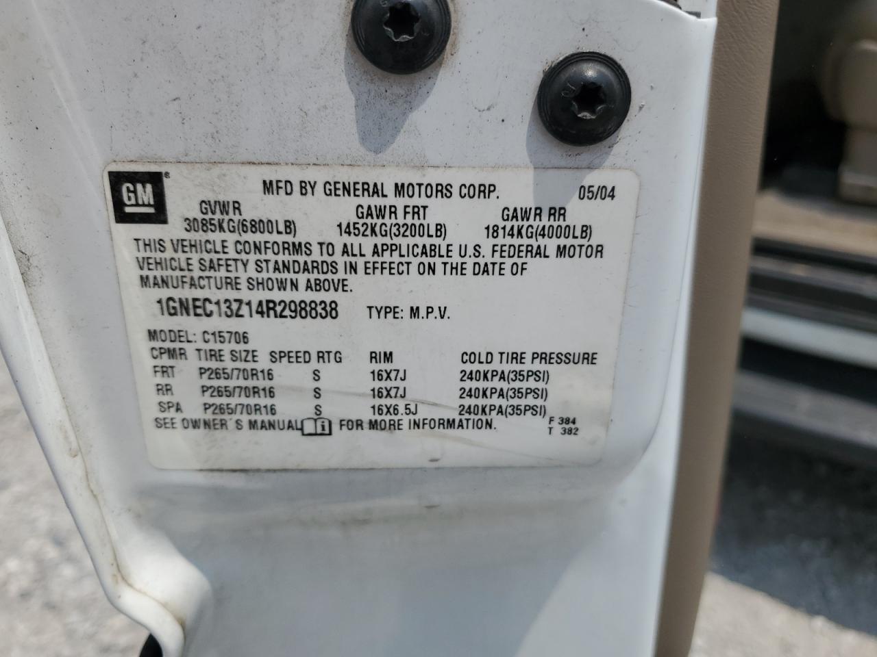 2004 Chevrolet Tahoe C1500 VIN: 1GNEC13Z14R298838 Lot: 64415924