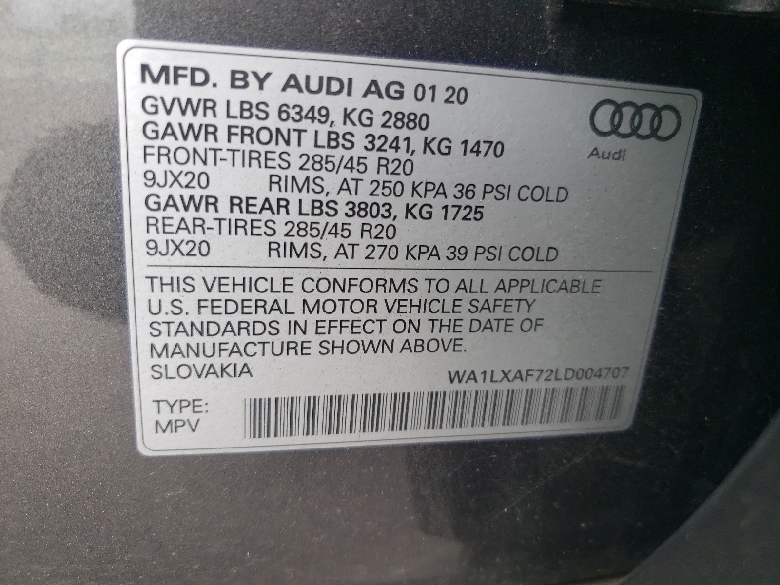 WA1LXAF72LD004707 2020 Audi Q7 Premium Plus