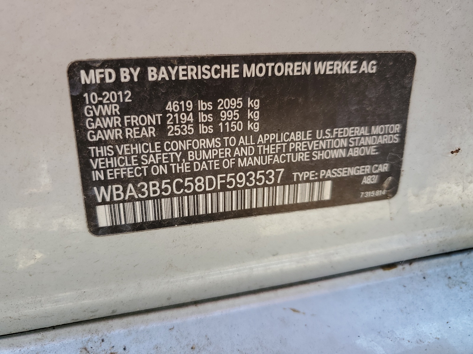 2013 BMW 328 Xi Sulev vin: WBA3B5C58DF593537