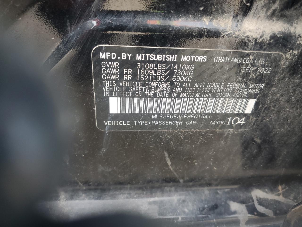 2023 Mitsubishi Mirage G4 Es VIN: ML32FUFJ6PHF01541 Lot: 63420064