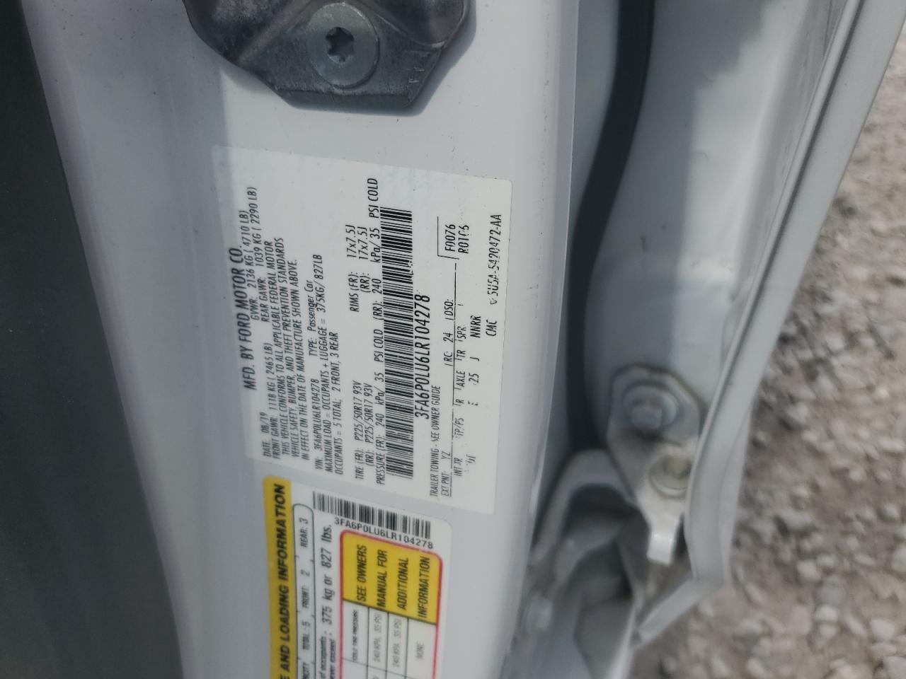 2020 Ford Fusion Se VIN: 3FA6P0LU6LR104278 Lot: 63704164