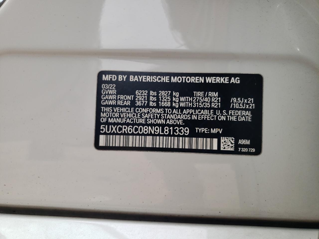 2022 BMW X5 xDrive40I VIN: 5UXCR6C08N9L81339 Lot: 64035304