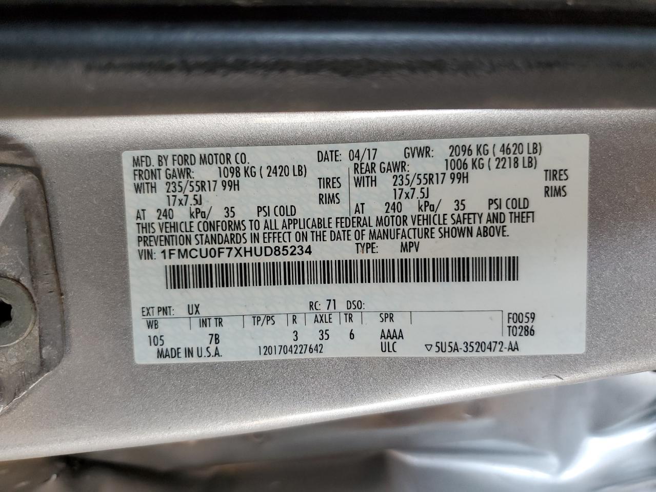 2017 Ford Escape S VIN: 1FMCU0F7XHUD85234 Lot: 60747464