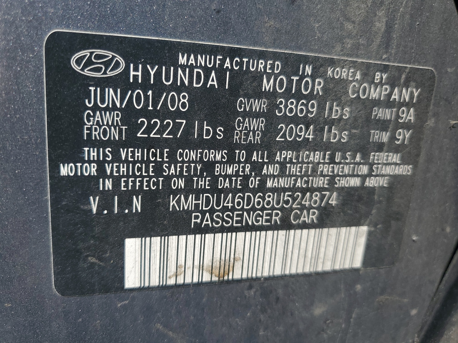 KMHDU46D68U524874 2008 Hyundai Elantra Gls