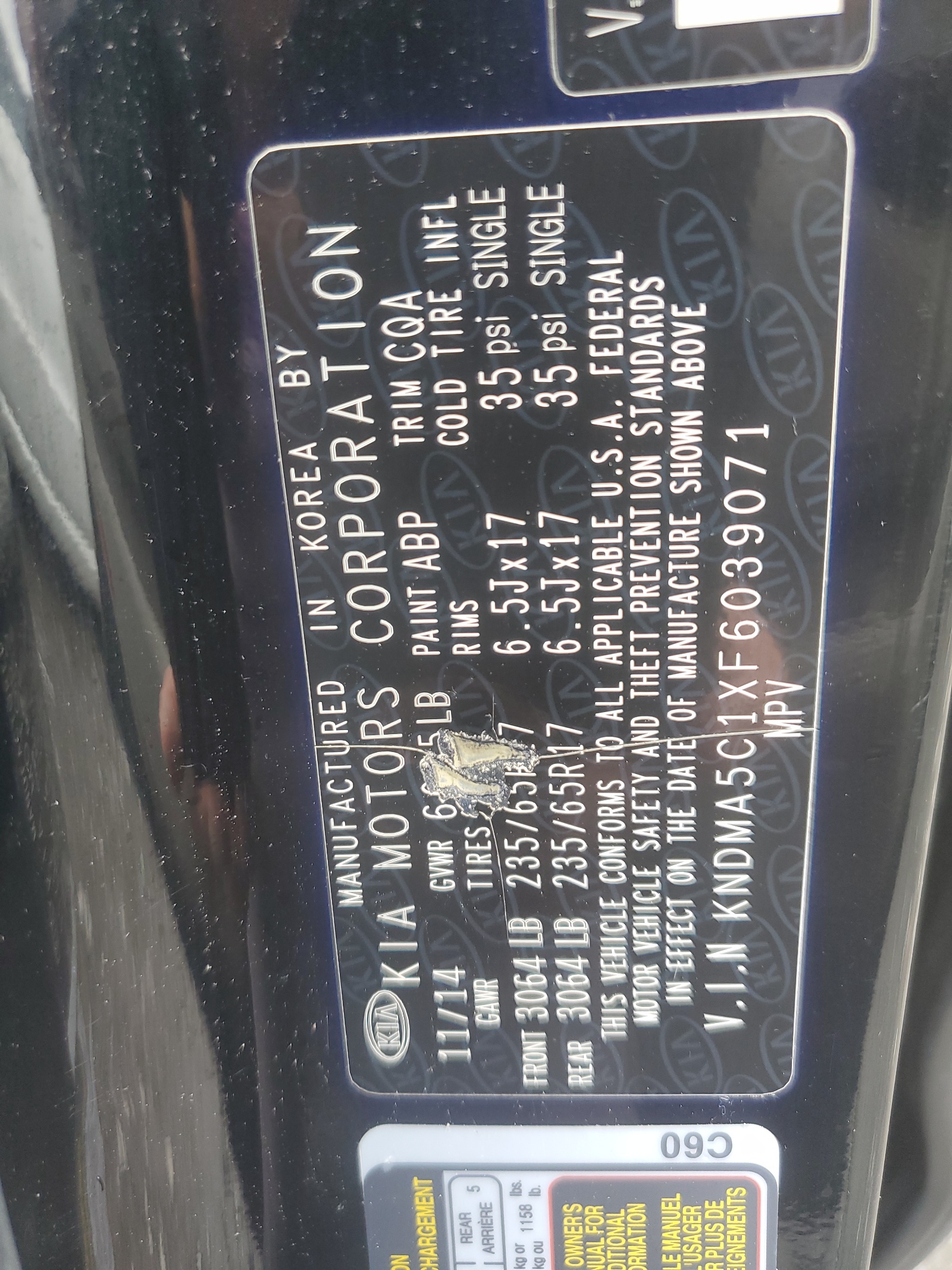 KNDMA5C1XF6039071 2015 Kia Sedona L