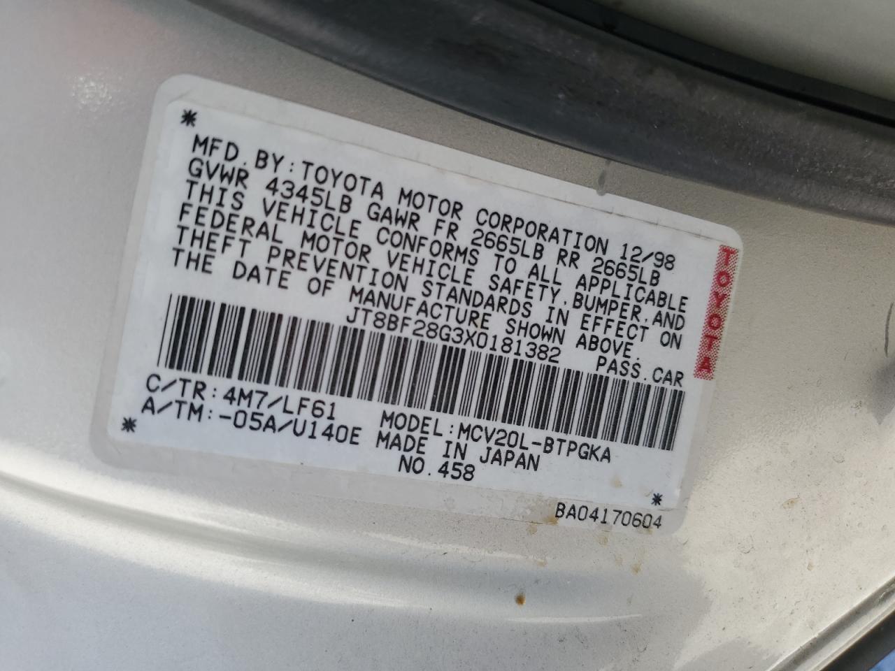 1999 Lexus Es 300 VIN: JT8BF28G3X0181382 Lot: 62344254