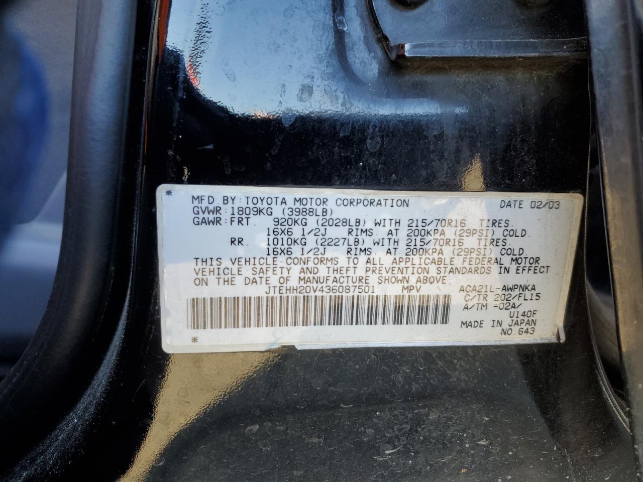 2003 Toyota Rav4 VIN: JTEHH20V436087501 Lot: 63475964