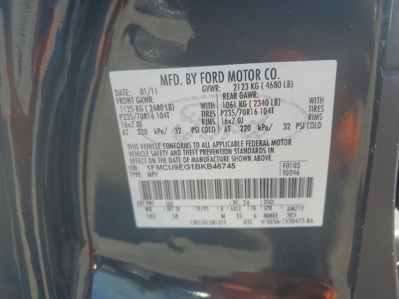 2011 Ford Escape Limited VIN: 1FMCU9EG1BKB46745 Lot: 62249664