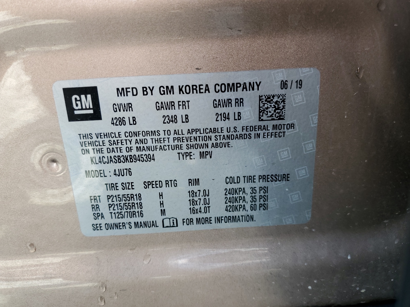 KL4CJASB3KB945394 2019 Buick Encore Preferred