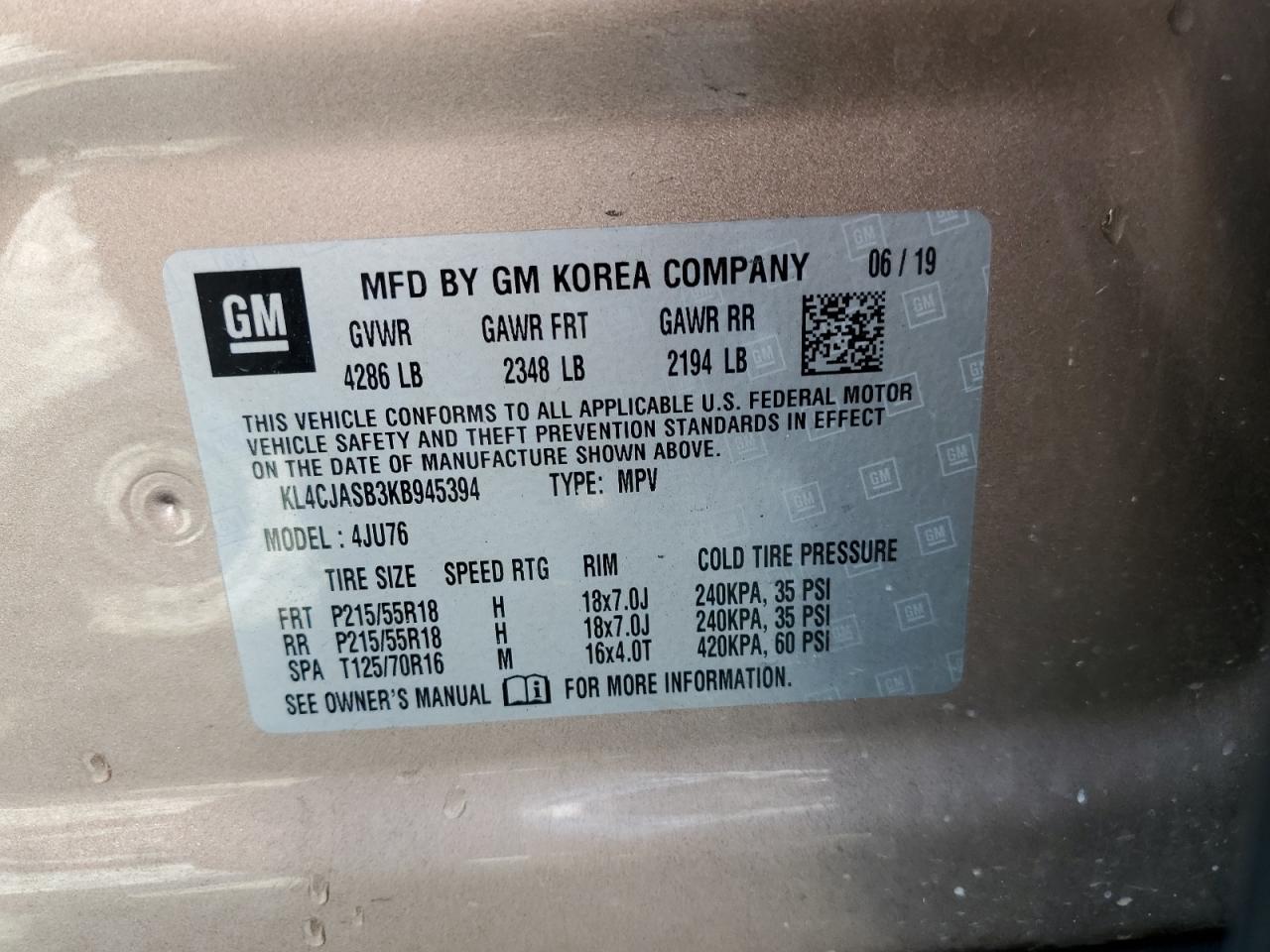 2019 Buick Encore Preferred VIN: KL4CJASB3KB945394 Lot: 65045154