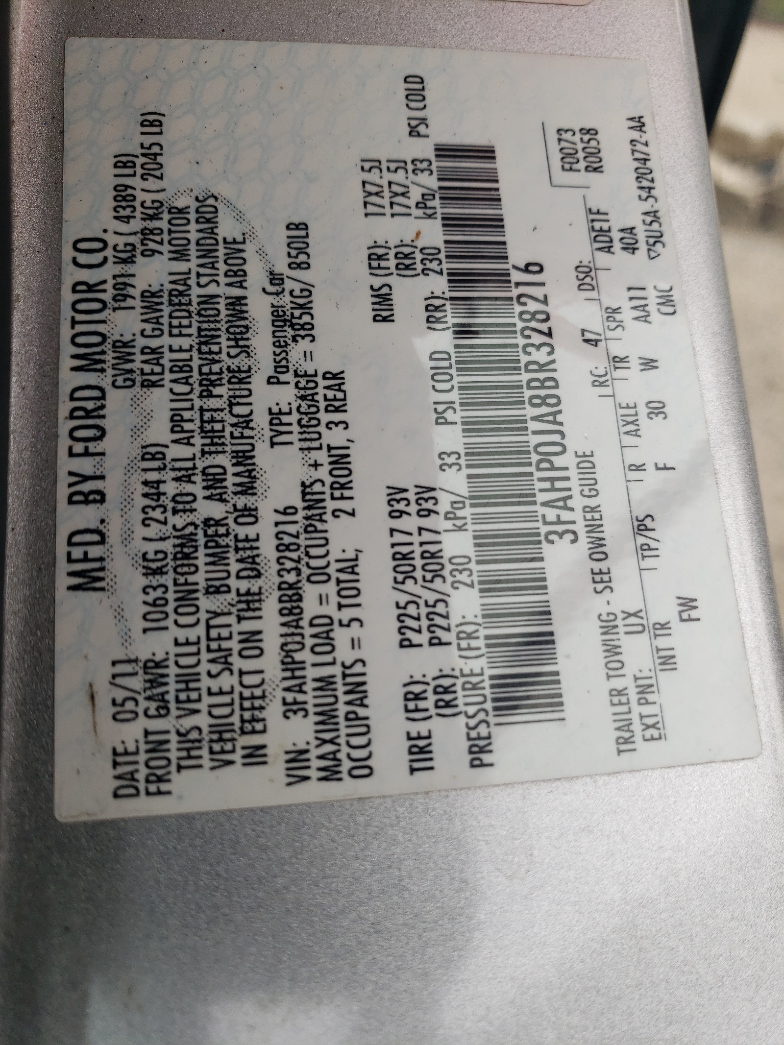 3FAHP0JA8BR328216 2011 Ford Fusion Sel