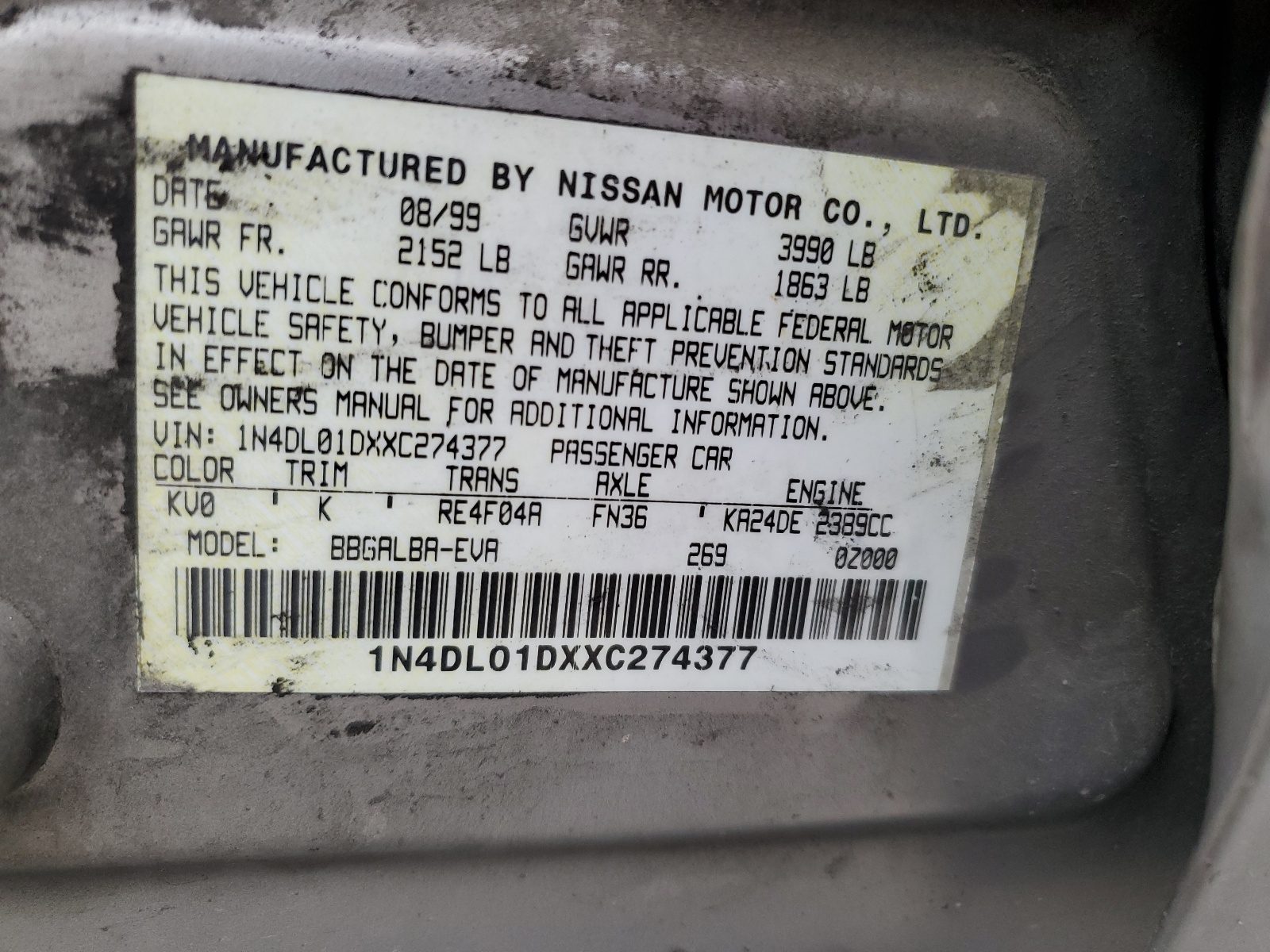1N4DL01DXXC274377 1999 Nissan Altima Xe