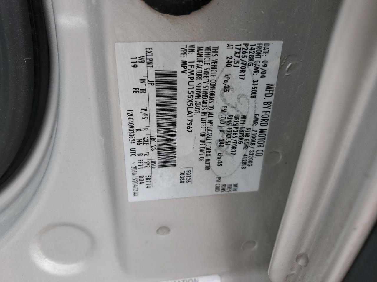 2005 Ford Expedition Xlt VIN: 1FMPU155X5LA17967 Lot: 64687974