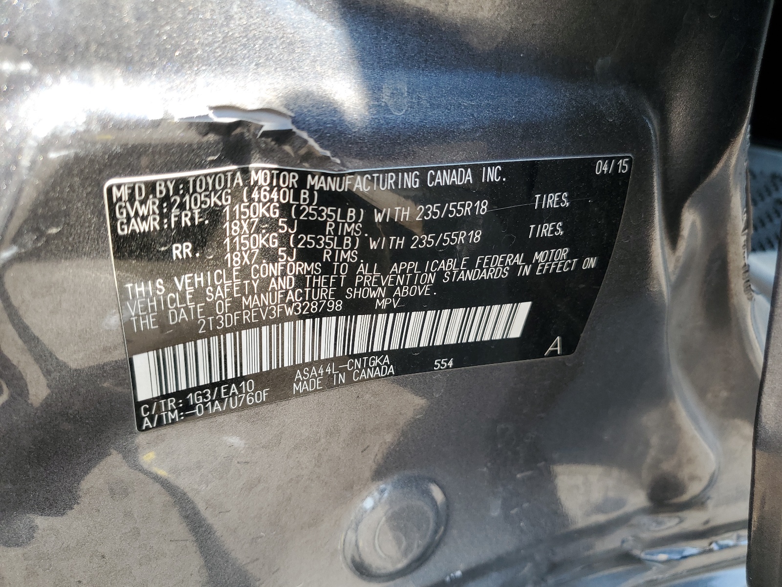 2T3DFREV3FW328798 2015 Toyota Rav4 Limited