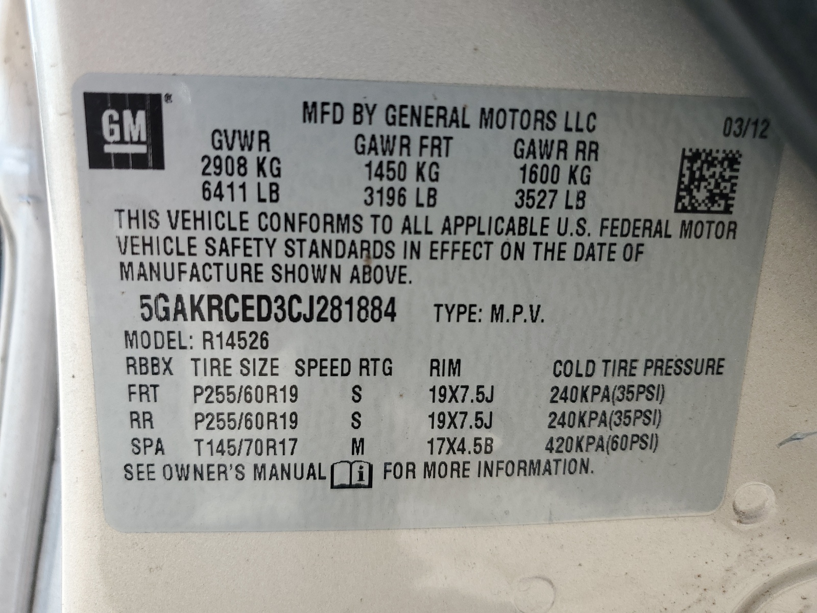 2012 Buick Enclave vin: 5GAKRCED3CJ281884