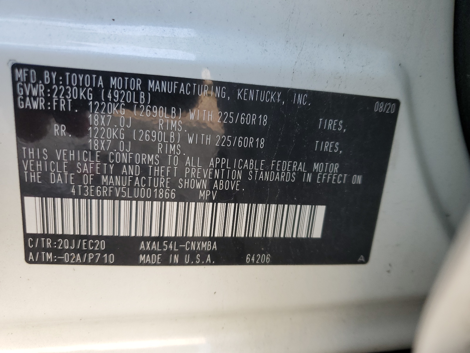 4T3E6RFV5LU001866 2020 Toyota Rav4 Xse