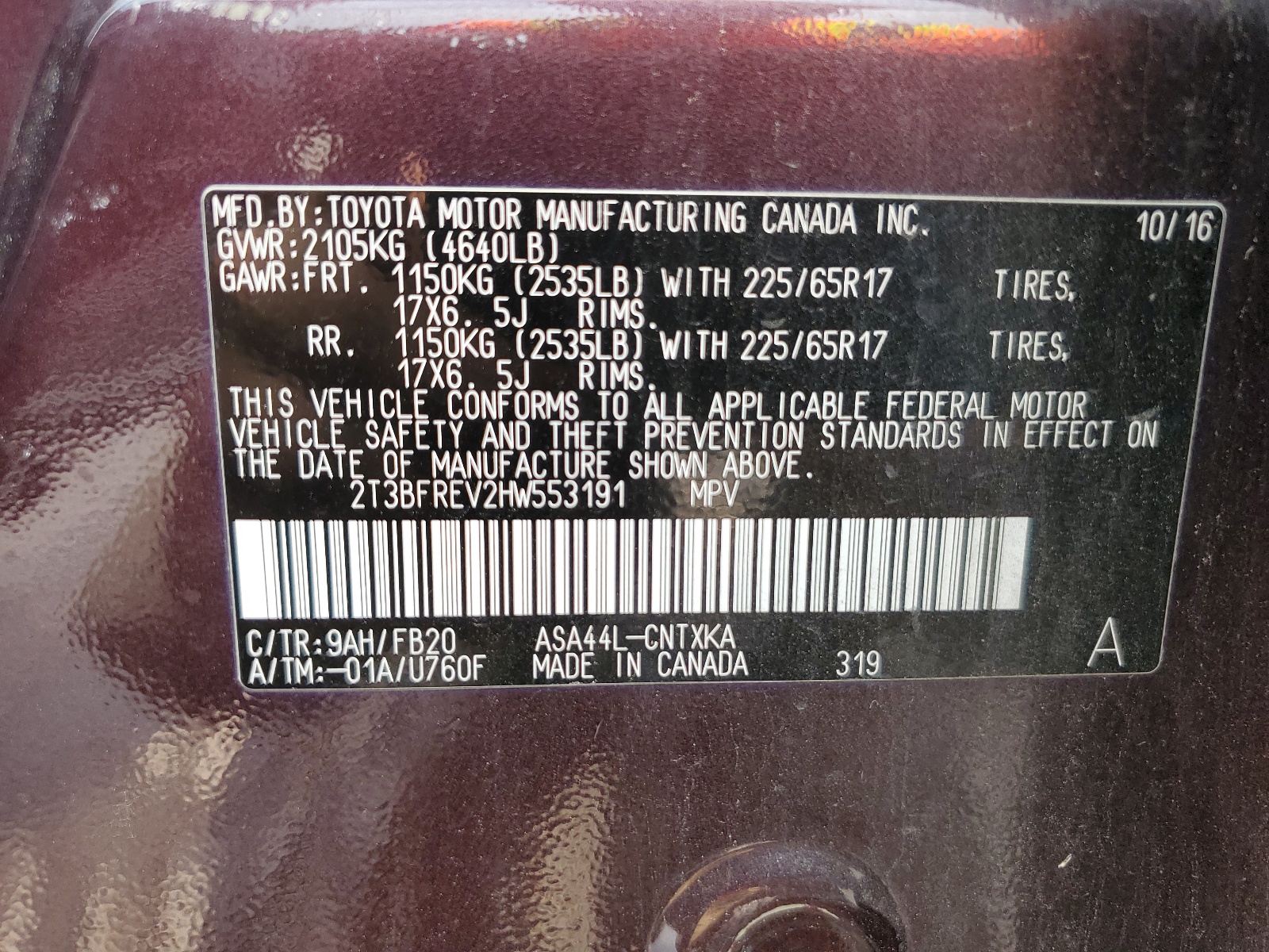 2T3BFREV2HW553191 2017 Toyota Rav4 Le