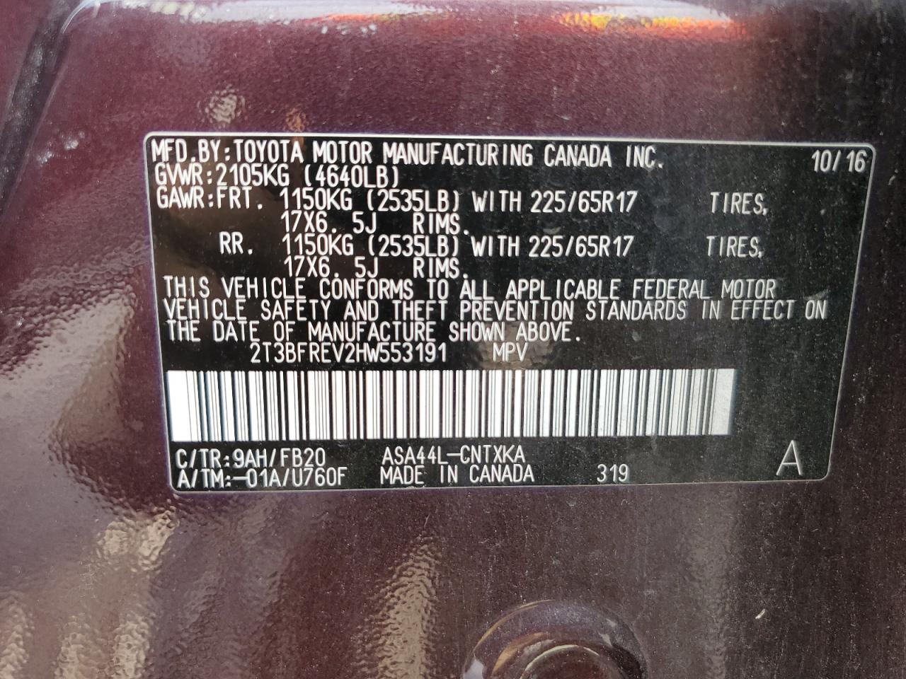 2017 Toyota Rav4 Le VIN: 2T3BFREV2HW553191 Lot: 63007414