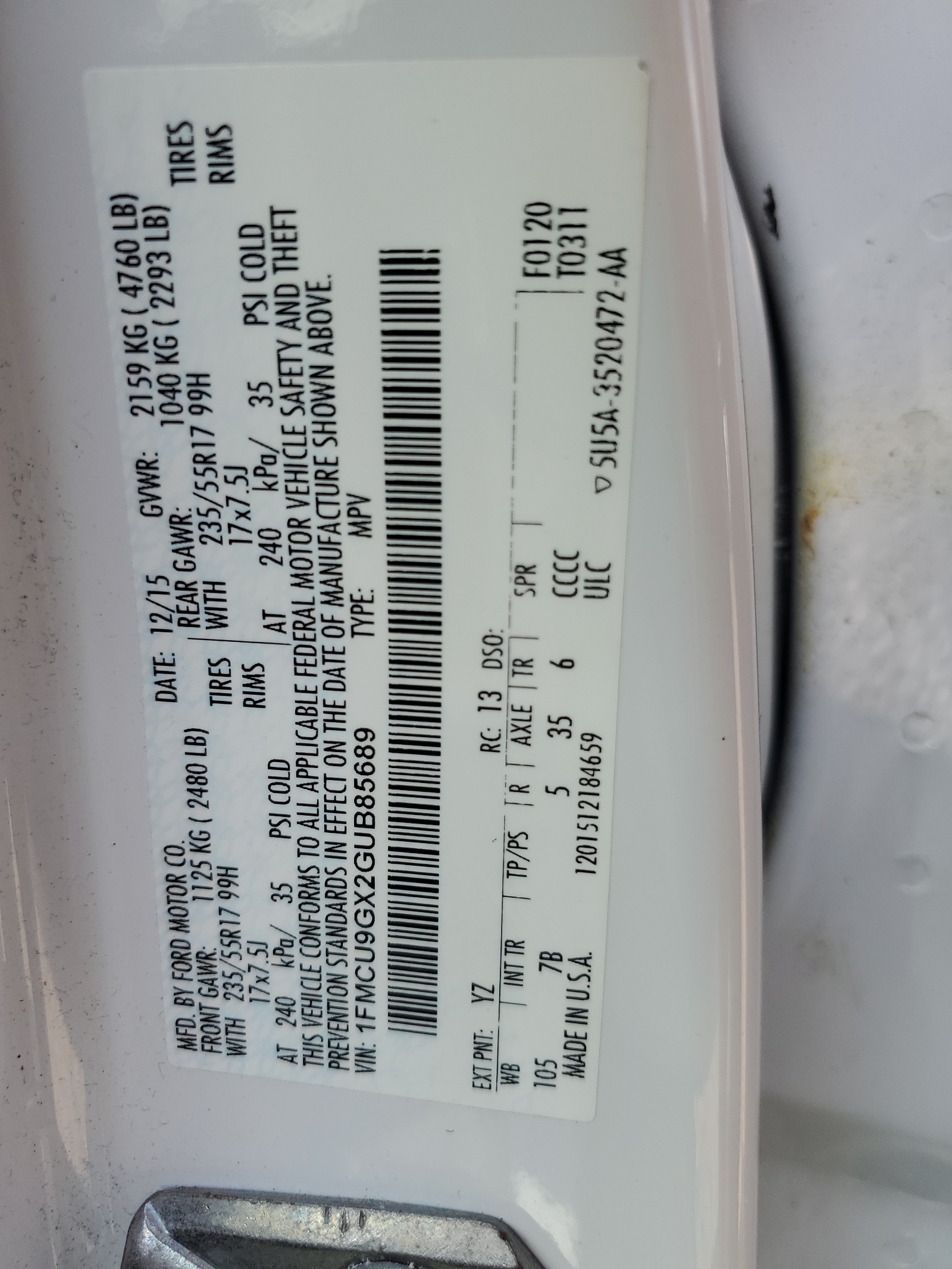 1FMCU9GX2GUB85689 2016 Ford Escape Se