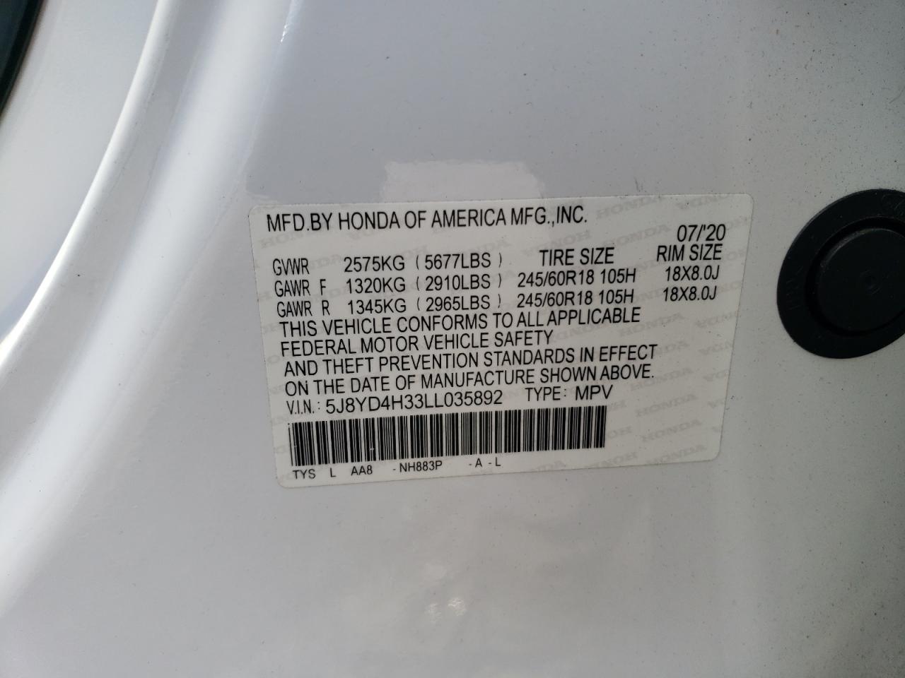 5J8YD4H33LL035892 2020 Acura Mdx