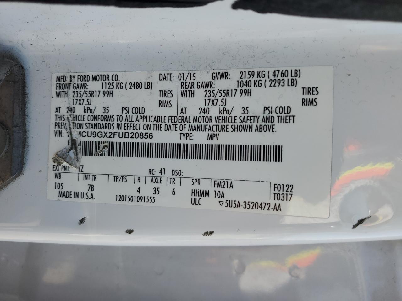 2015 Ford Escape Se VIN: 1FMCU9GX2FUB20856 Lot: 64014044