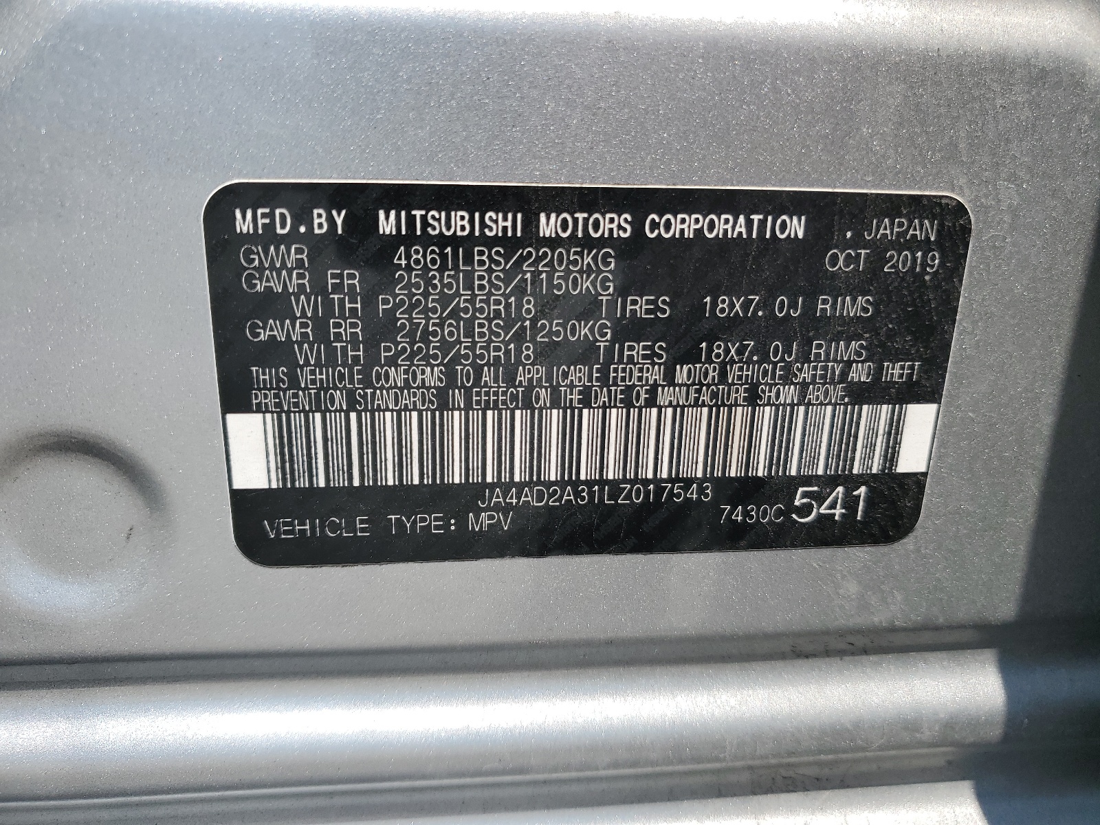 JA4AD2A31LZ017543 2020 Mitsubishi Outlander Es