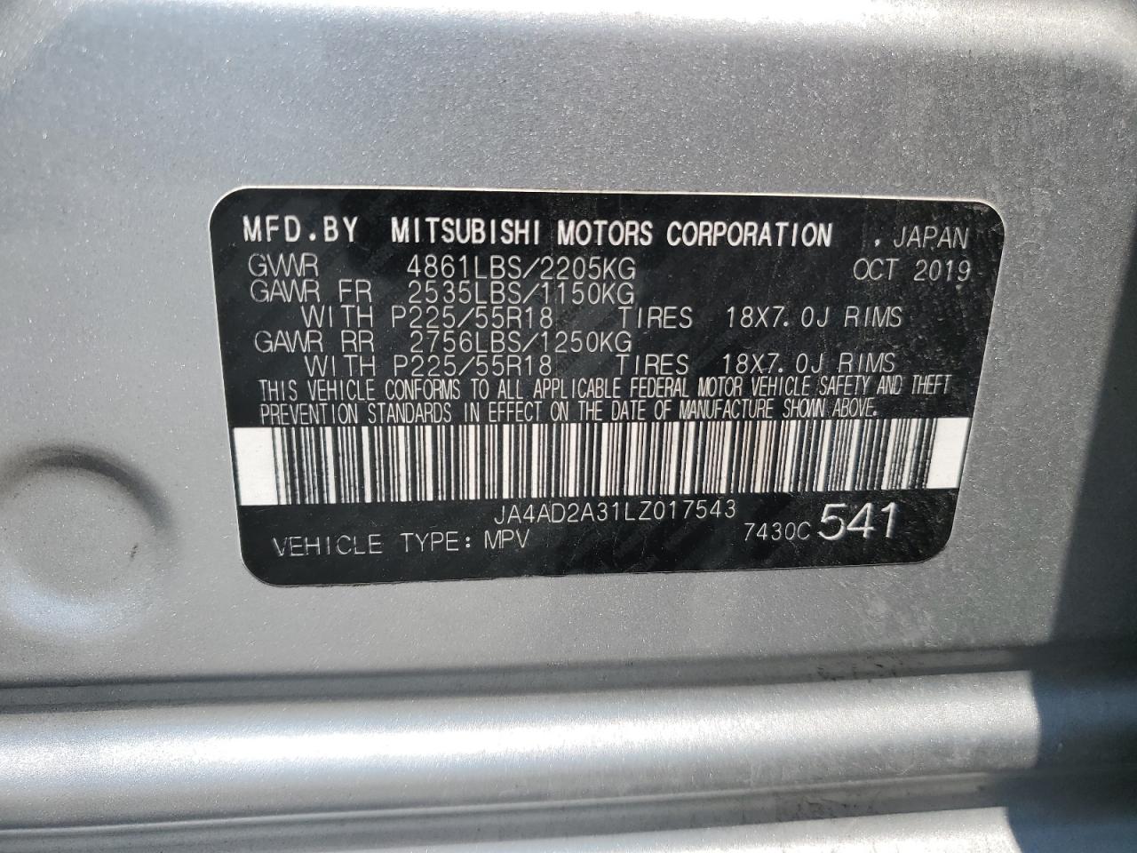 2020 Mitsubishi Outlander Es VIN: JA4AD2A31LZ017543 Lot: 61831564