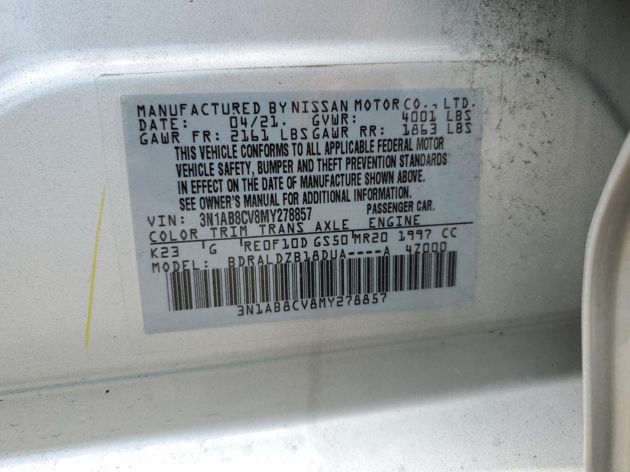 2021 Nissan Sentra Sv VIN: 3N1AB8CV8MY278857 Lot: 65171674