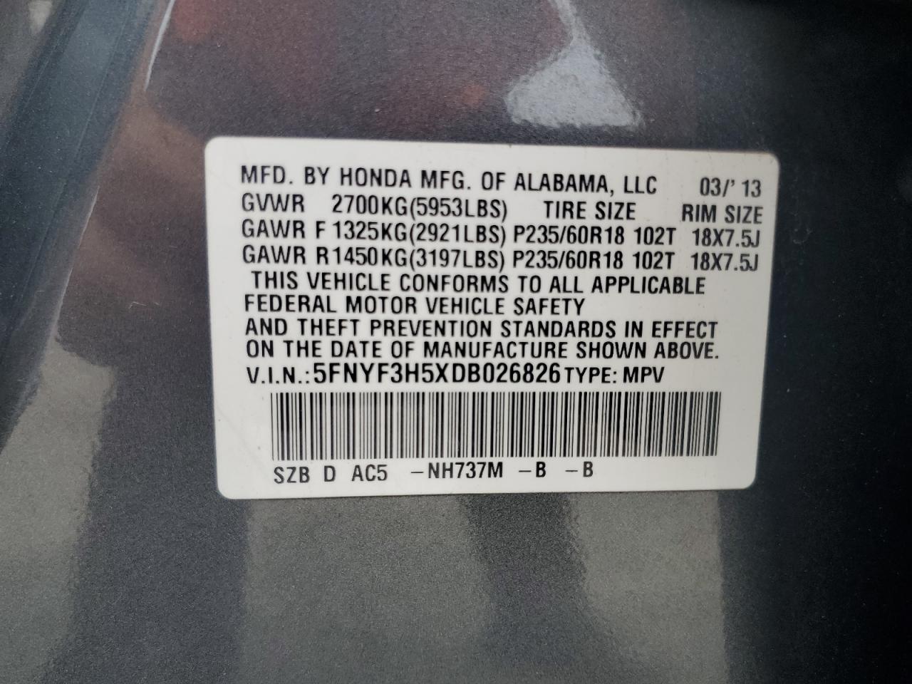 2013 Honda Pilot Exl VIN: 5FNYF3H5XDB026826 Lot: 64803124