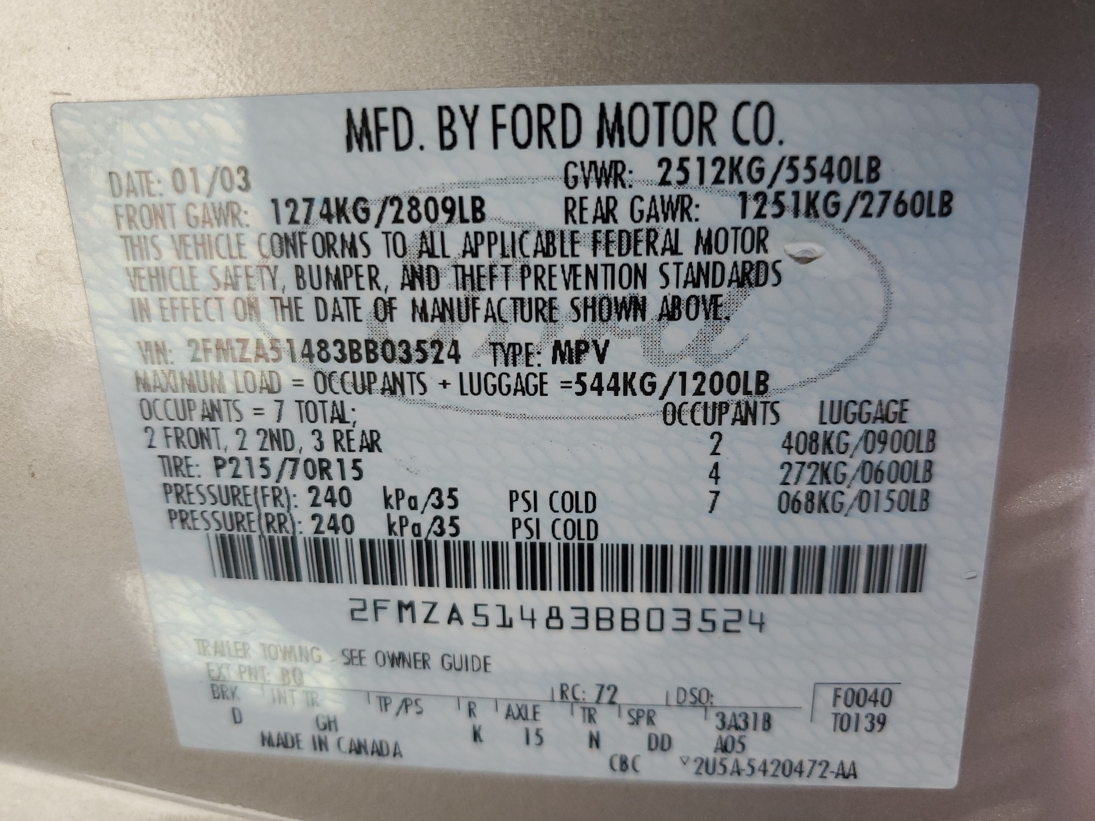 2FMZA51483BB03524 2003 Ford Windstar Lx