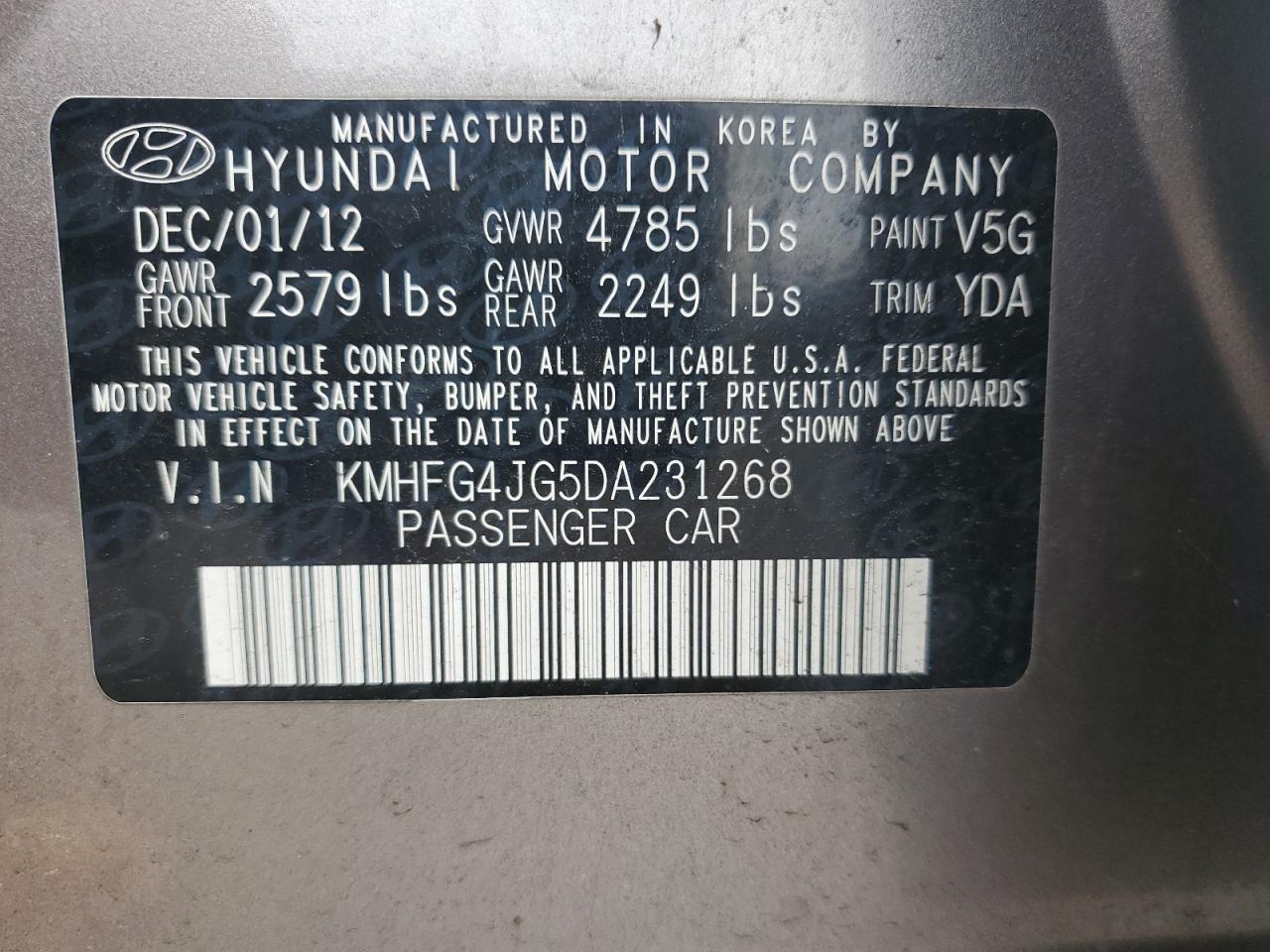 2013 Hyundai Azera VIN: KMHFG4JG5DA231268 Lot: 58945164