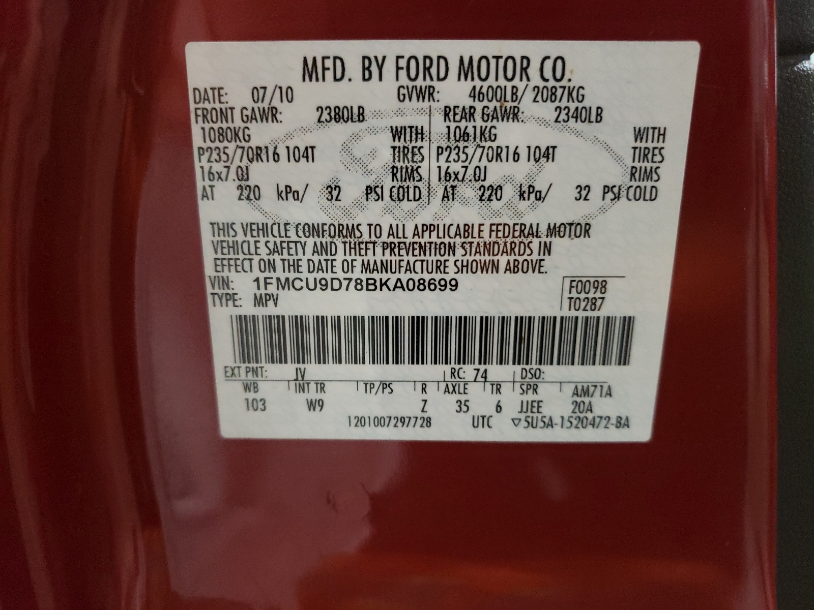 1FMCU9D78BKA08699 2011 Ford Escape Xlt