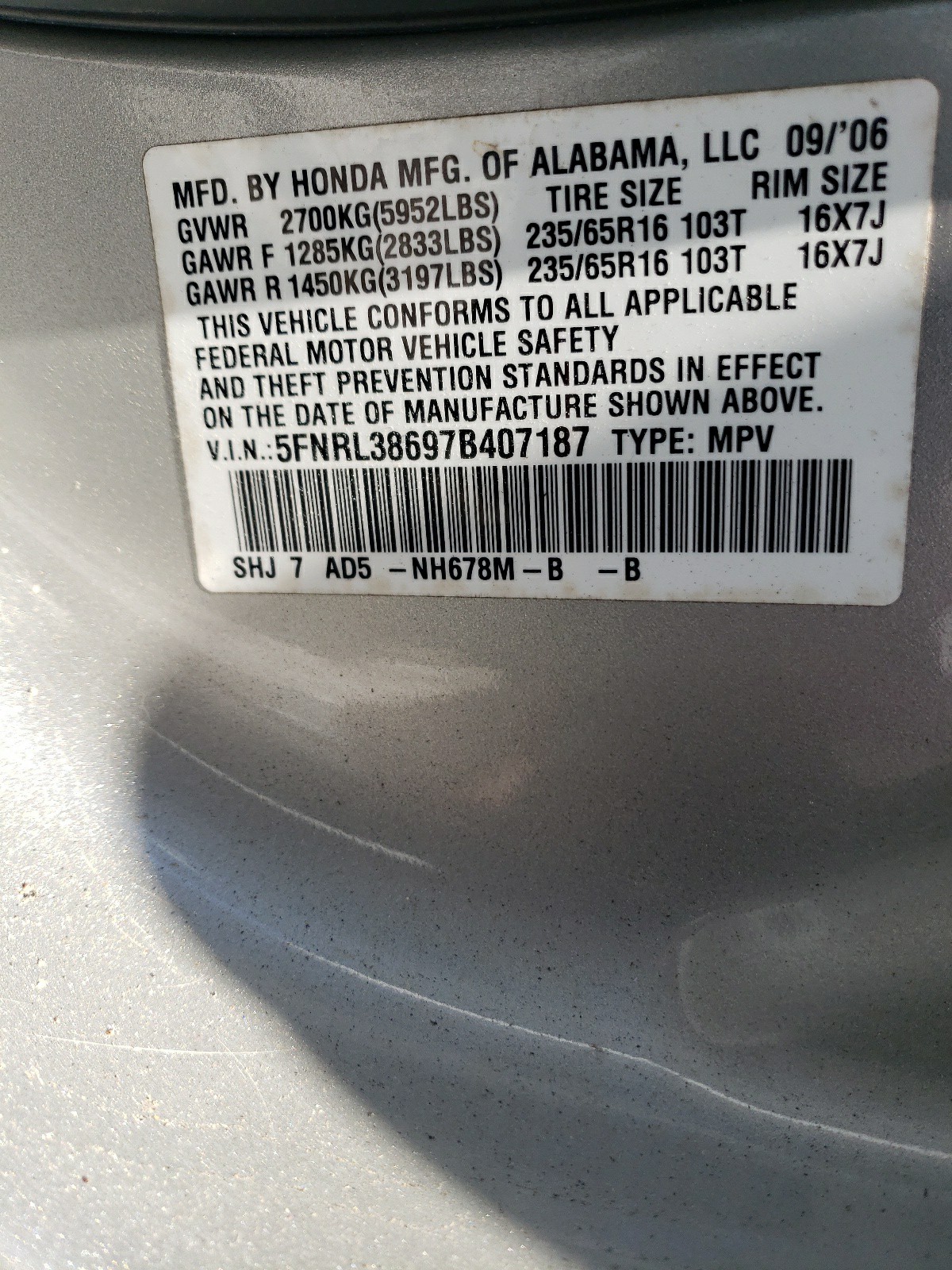 5FNRL38697B407187 2007 Honda Odyssey Exl