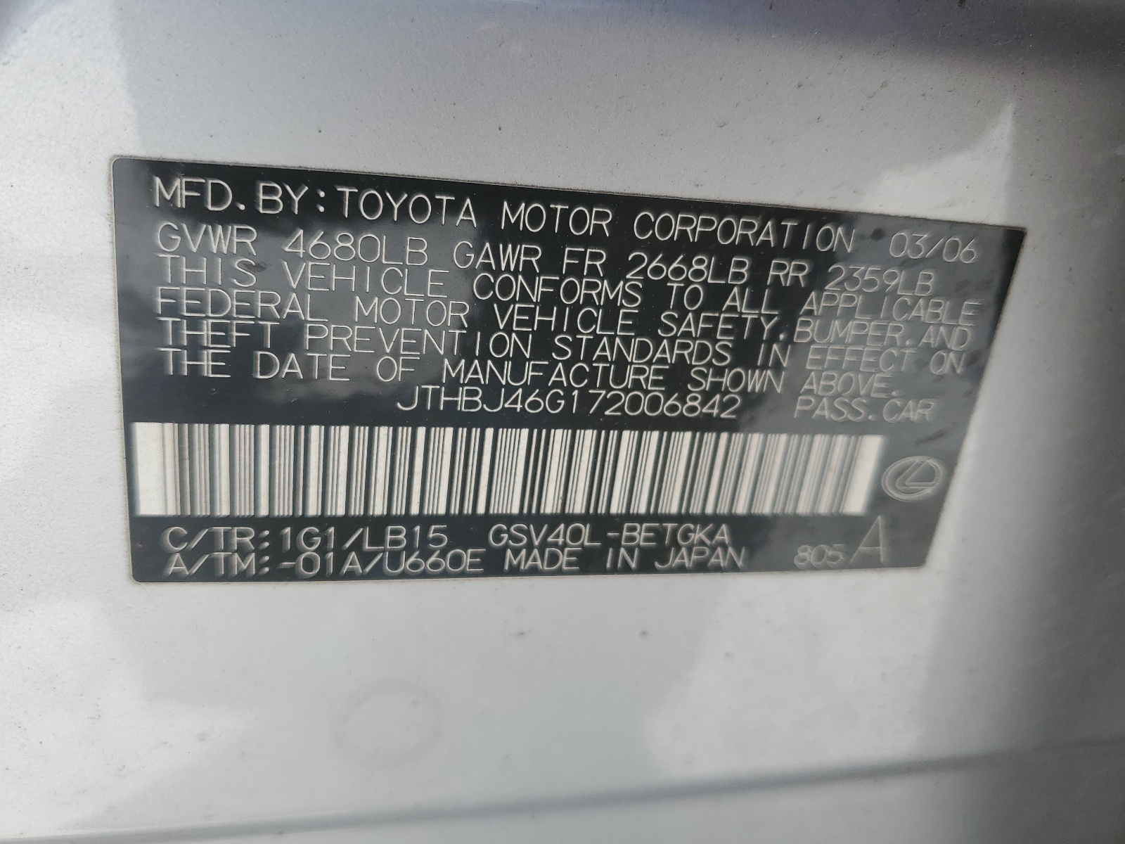 JTHBJ46G172006842 2007 Lexus Es 350