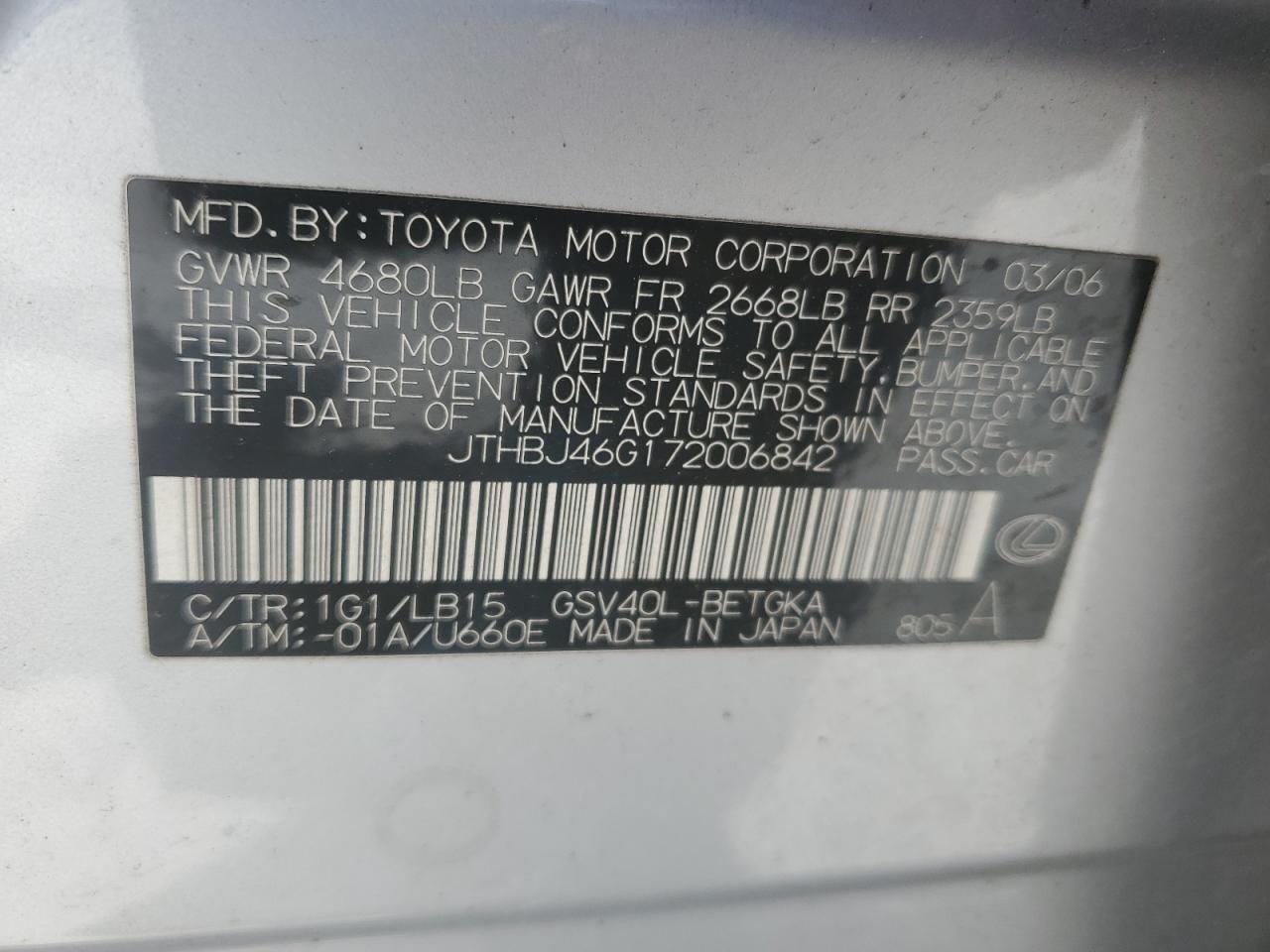 2007 Lexus Es 350 VIN: JTHBJ46G172006842 Lot: 62255824