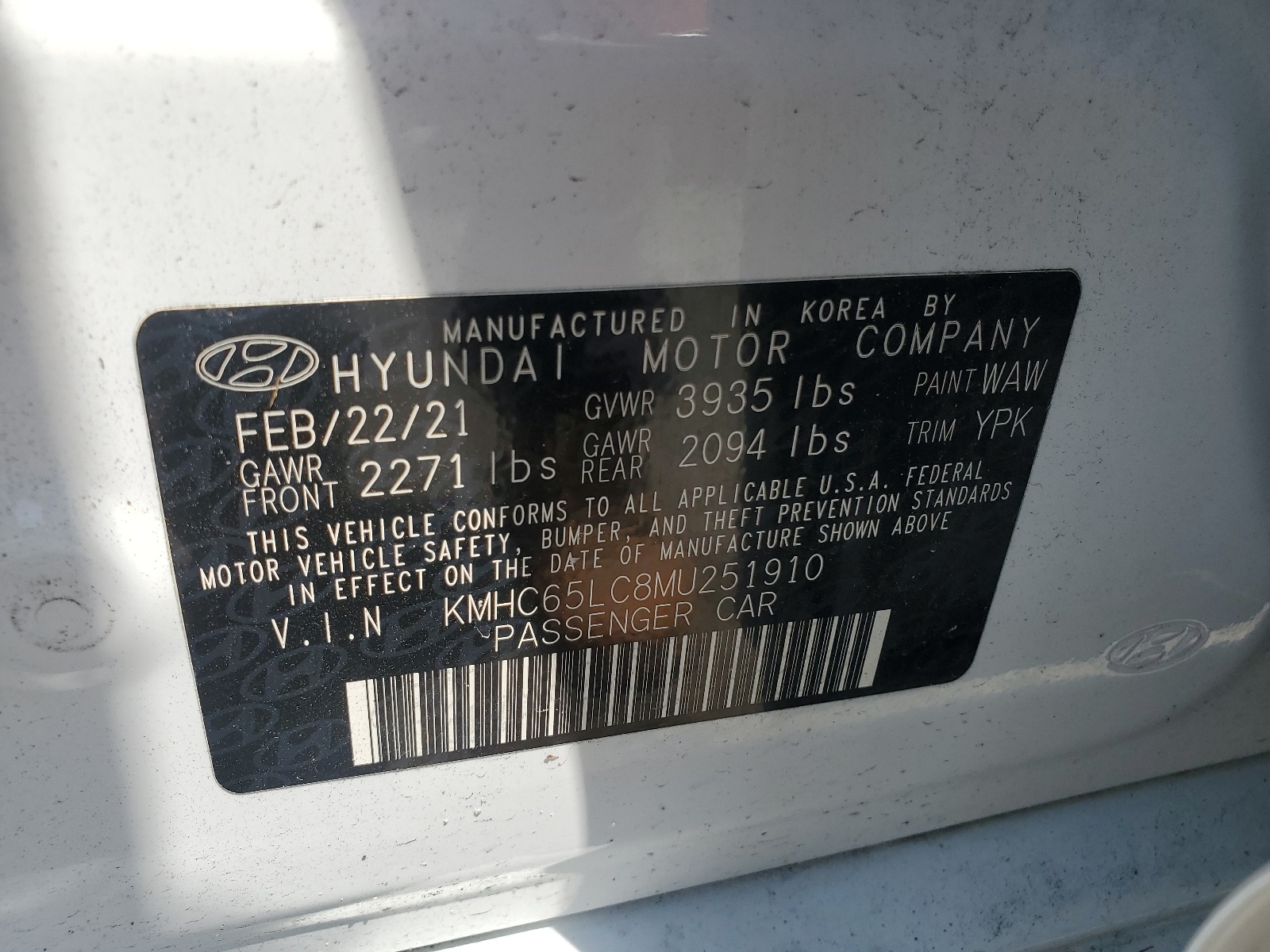 KMHC65LC8MU251910 2021 Hyundai Ioniq Blue