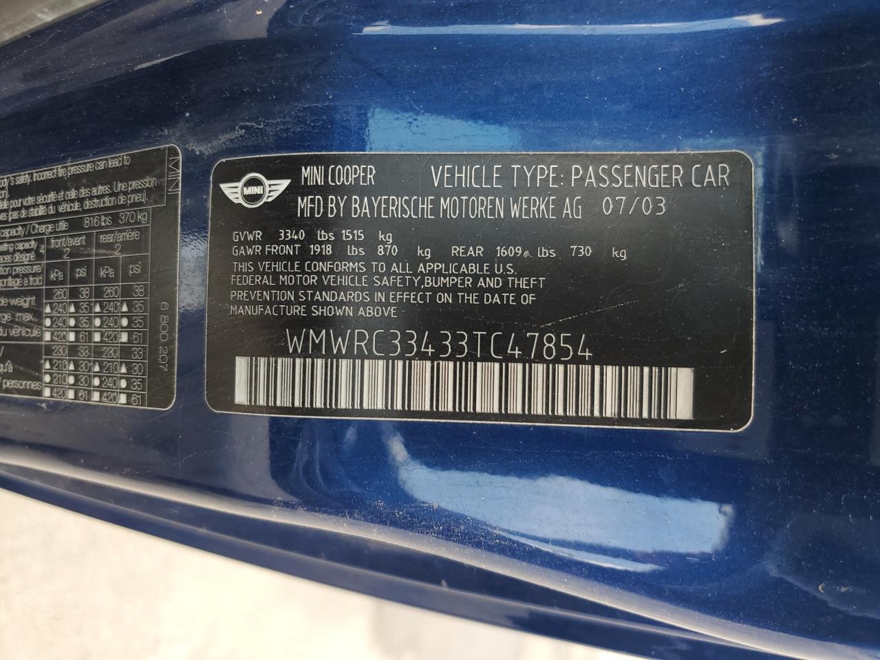 2003 Mini Cooper VIN: WMWRC33433TC47854 Lot: 64113474