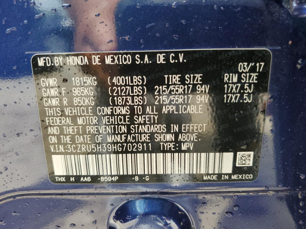 2017 Honda Hr-V Lx VIN: 3CZRU5H39HG702911 Lot: 63706884