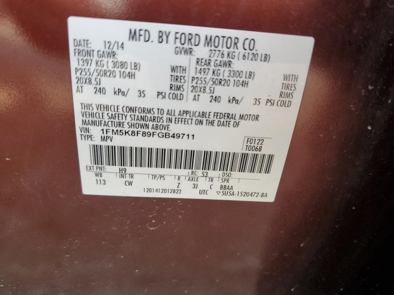 2015 Ford Explorer Limited VIN: 1FM5K8F89FGB49711 Lot: 64044874