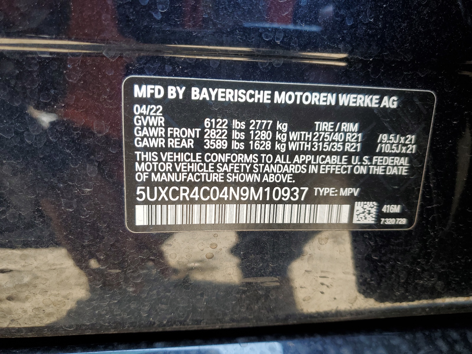 5UXCR4C04N9M10937 2022 BMW X5 Sdrive 40I